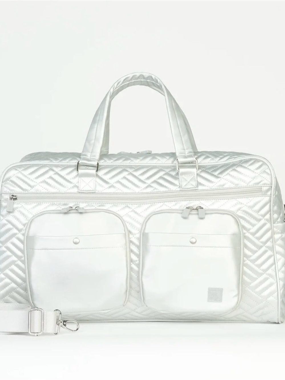 The Quilted Cargo Catchall Travel Duffel Bag Silver Metallic NEW
